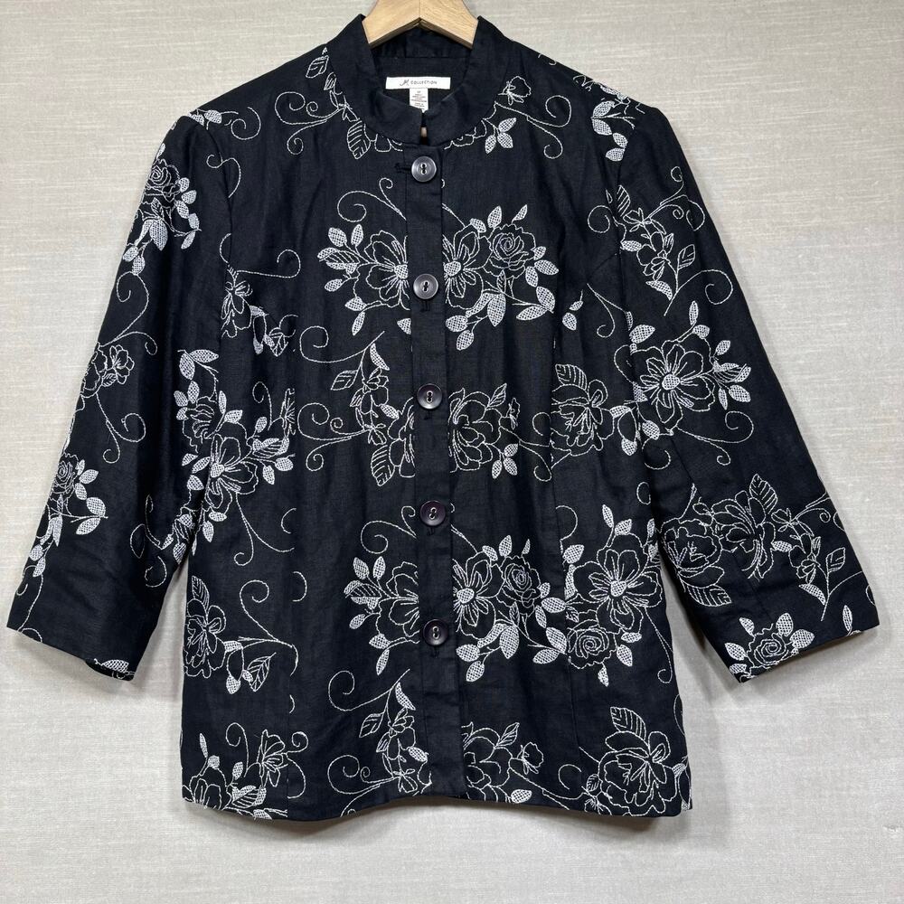 JM Collection Floral Embroidered Linen Blazer Size 12 Lined Artsy Noir Statement